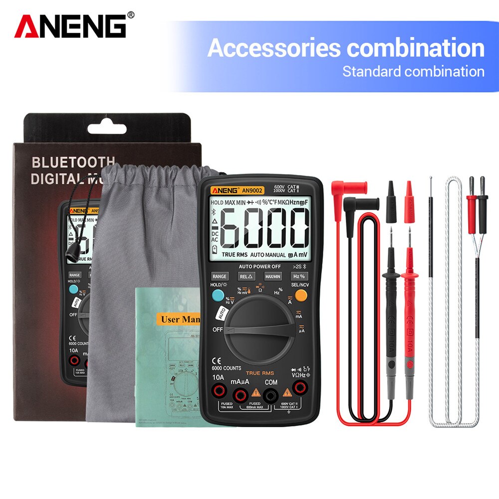 Aneng AN9002 Bluetooth Digitale Multimeter 6000 Telt Professionele Multimetrotrue Rms Ac/Dc Stroom Spanning Tester Auto-Range: AN9002 Black