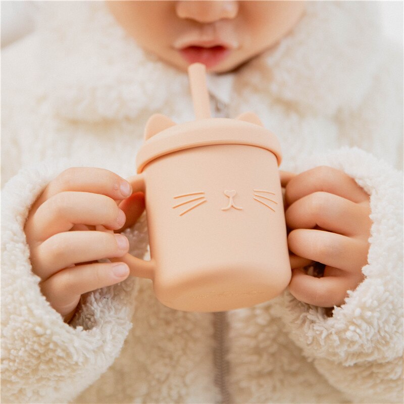 Vasos de silicona para alimentación de bebé, taza con dibujos de gato para niños pequeños, tapas sólidas con asa para beber