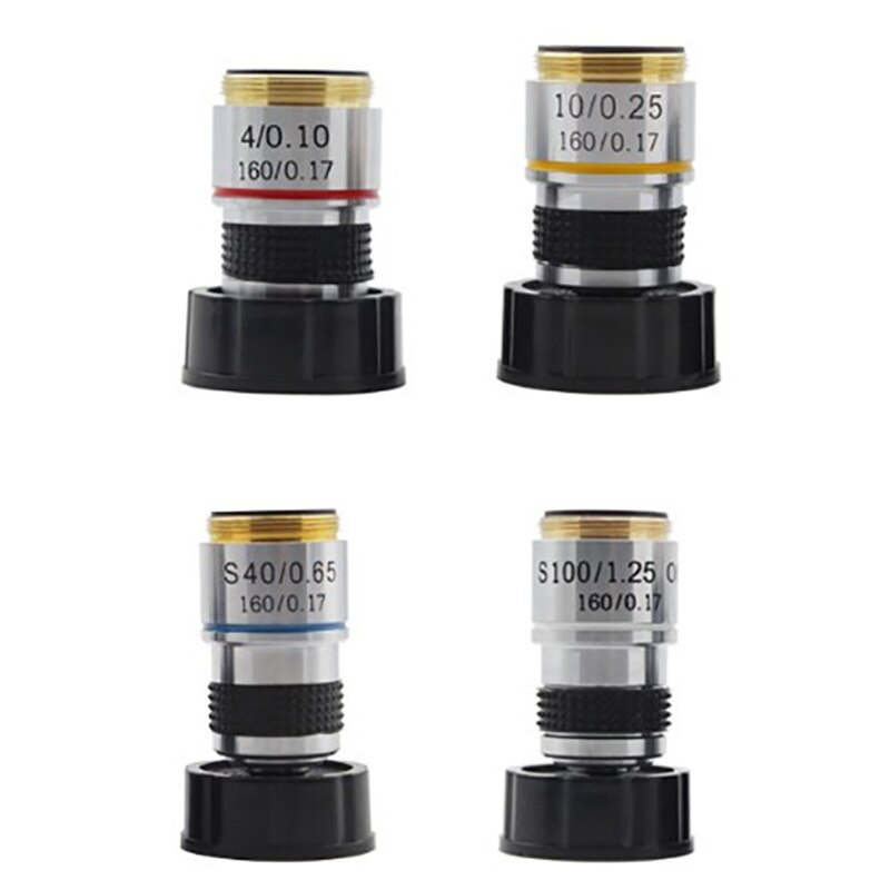 4Pcs 185 Microscope Objective 4X 10X 40X 100X Achromatic Objective Biological Microscope Parts Accessories: Default Title