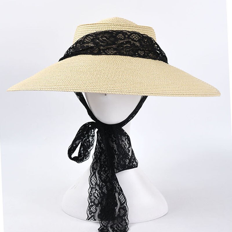 ins stor kant solhatt til kvinner blondere stropper svart strandhatter årgang sommer uv hattemaker   s1091