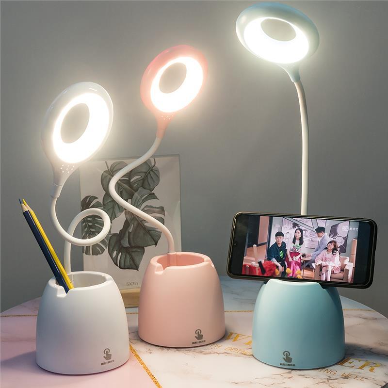 Led bureaulamp oogbescherming leren drie-blok touch opladen schat penhouder studentenhuis oogbescherming bureaulamp: Roze
