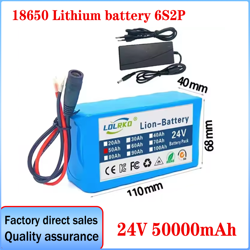 24V 50Ah 18650 Lithium Battery Pack - 6S2P 50000mAh Rechargeable Li-ion Battery with Fast Charger, Safe & Durable