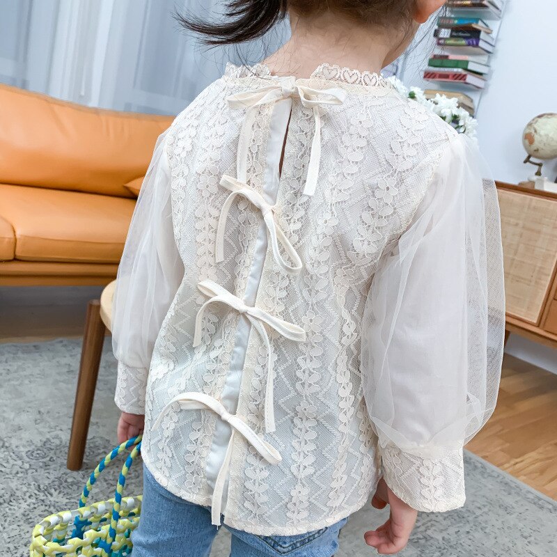 Koreansk stil blonder mesh patchwork langærmede dukkebluser til piger ryg snørestoppe