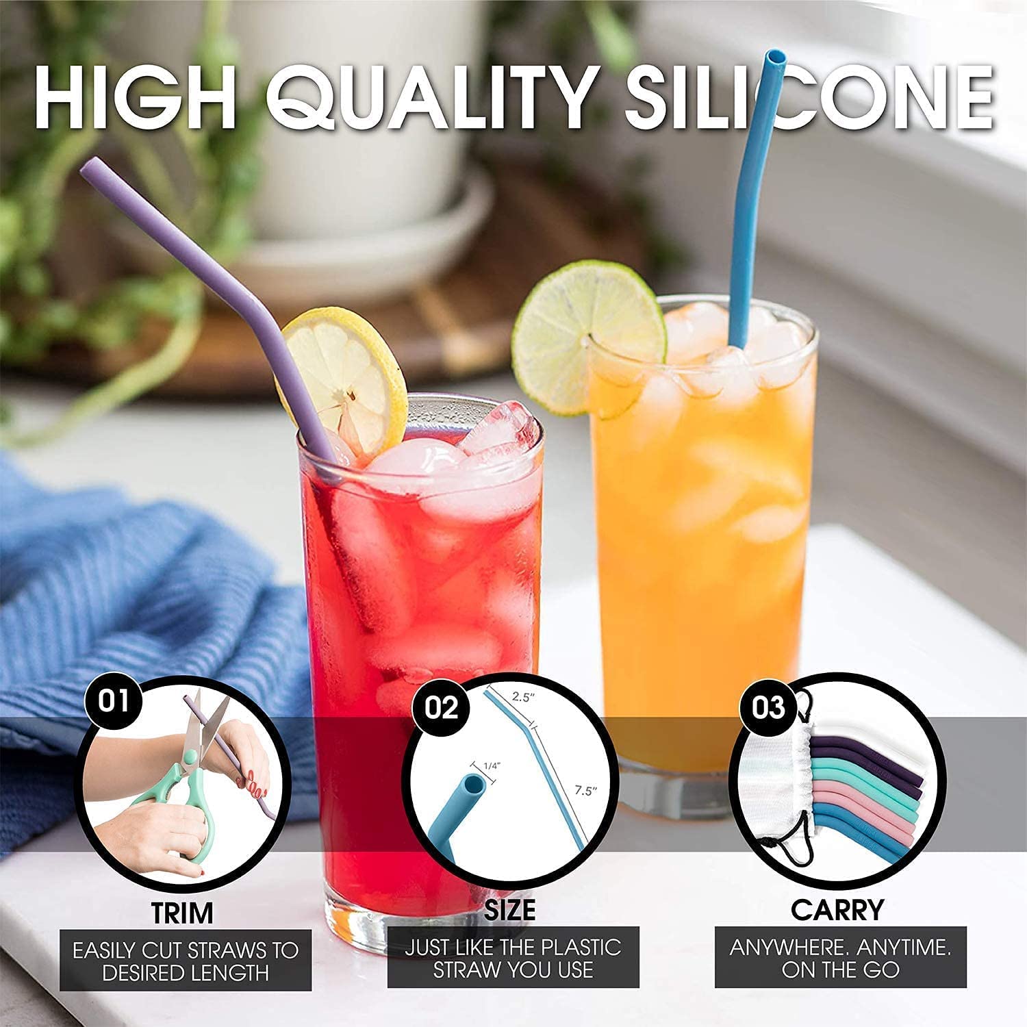 18 gjenbrukbare silikonsugerør 25cm lange sugerør for 30 oz og 20 oz tumblers cocktailsugerør for tilbehør til festbarer
