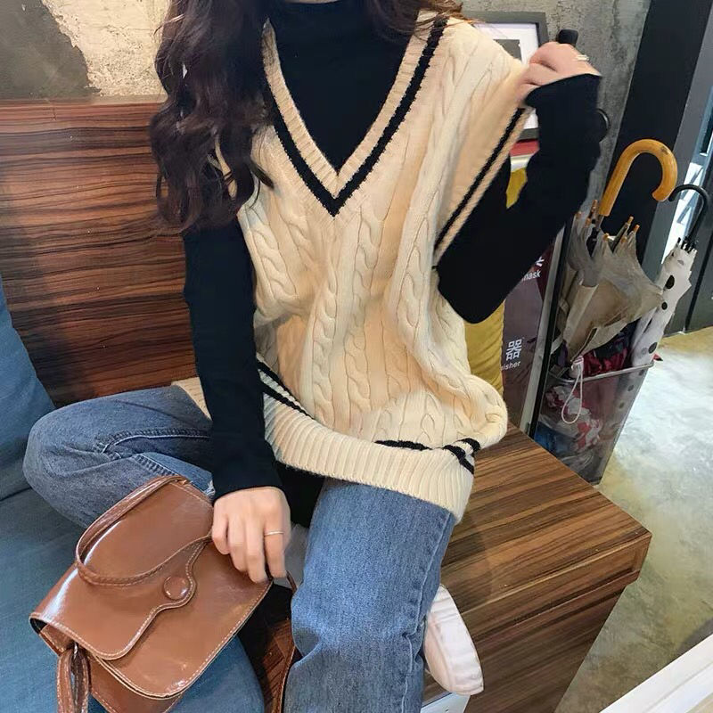 Twist-knitted Vest Women Preppy-style V-neck Sleeveless Korean Loose Leisure Sweaters Students All-match Streetwear Chic