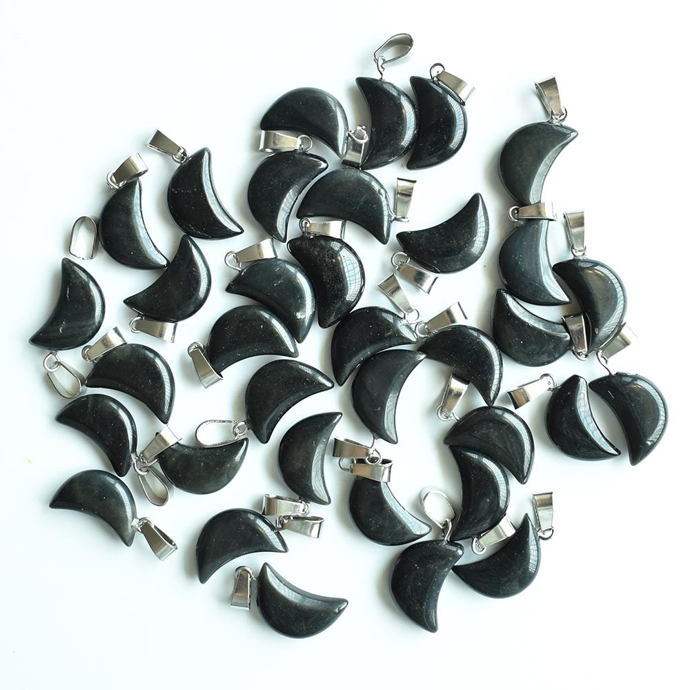 assorted natural stone crescent moon shape charms pendants for DIY jewelry making 24pcs/lot free: Obsidian