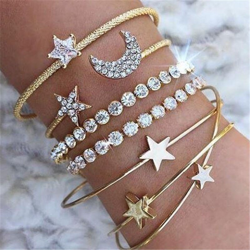 4 Pcs/ Set Classic Fatima Hand Multilayer Adjustable Open Cuff Bangles Bracelet For Women Star Moon Rhinestone Vintage Jewelry