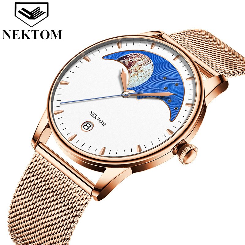 Nektom Echt Mesh Riem Heren Quartz Horloge Ultra-Dunne Kalender Waterdichte Student Paar Horloge