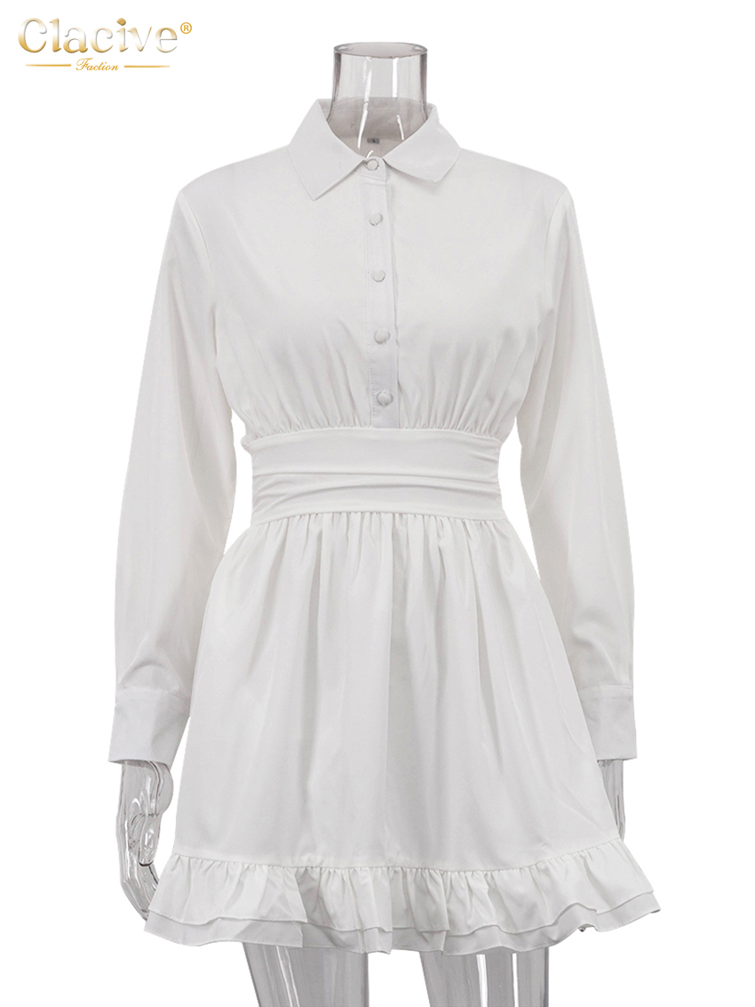 Clacive Loose White Women's Dress Lapel Long Sleeve Mini Dresses Casual High Waist Pleated Female Dress