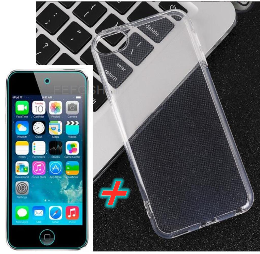 Zachte 7 transparante tpu-telefoonhoes voor apple ipod touch 5 6 siliconen hoesje met gehard glazen schermbeschermer voor ipod touch 6th 5th: Buikspieren / Hemelsblauw