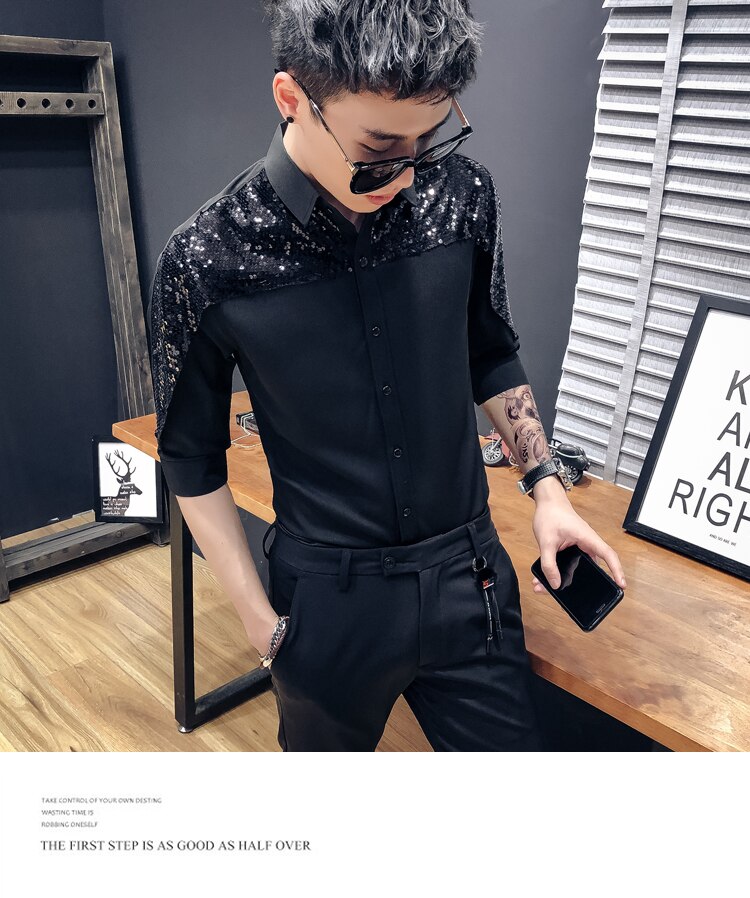 Men&#39;s Sleeve Shirt Personality Sequins Splicing Nightclubs DJ Men&#39;s Trends Youth Slim Handsome Hair Stylist Costumes