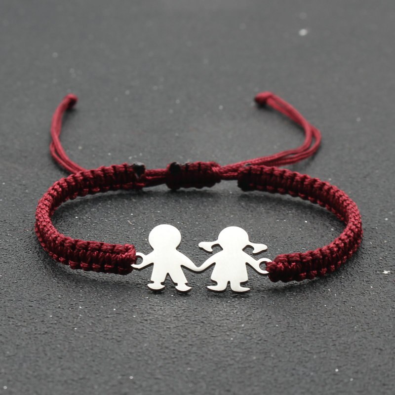 Leuke Familie Stijl Roestvrij Staal Jongen Meisje Bedelarmband Lucky String Handgemaakte Braid Verstelbare Armbanden Voor Vrouwen Mannen Stellen: Red wine