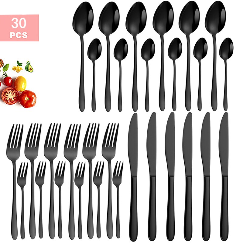 30Pcs Gold Bestek Set Keukengereedschap Zwart Roestvrij Staal Servies Vork Mes Thee Lepel Kit Zilverwerk Thuis Servies: 30pcs Black