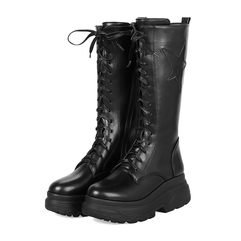 DoraTasia Big Size 33-43 Mid-kalf Platform Motorlaarzen Vrouwen Winter Dames Lace-up hoge Hakken Schoenen Vrouw