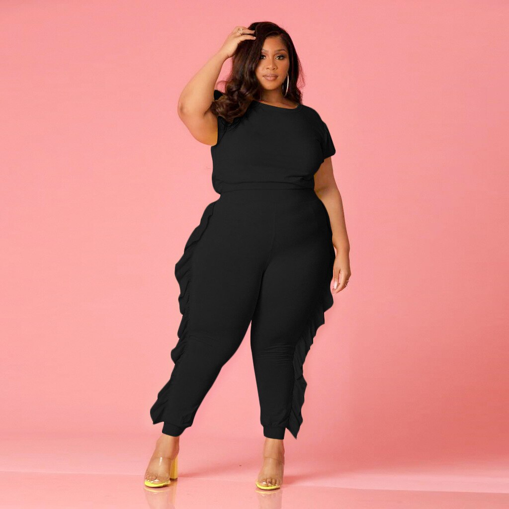 4XL Plus Size Casual Women Set Short Sleeve T Shirt Top And Ruched Splice Pant Suit Solid Streetwear 2 Piece Set Outfits