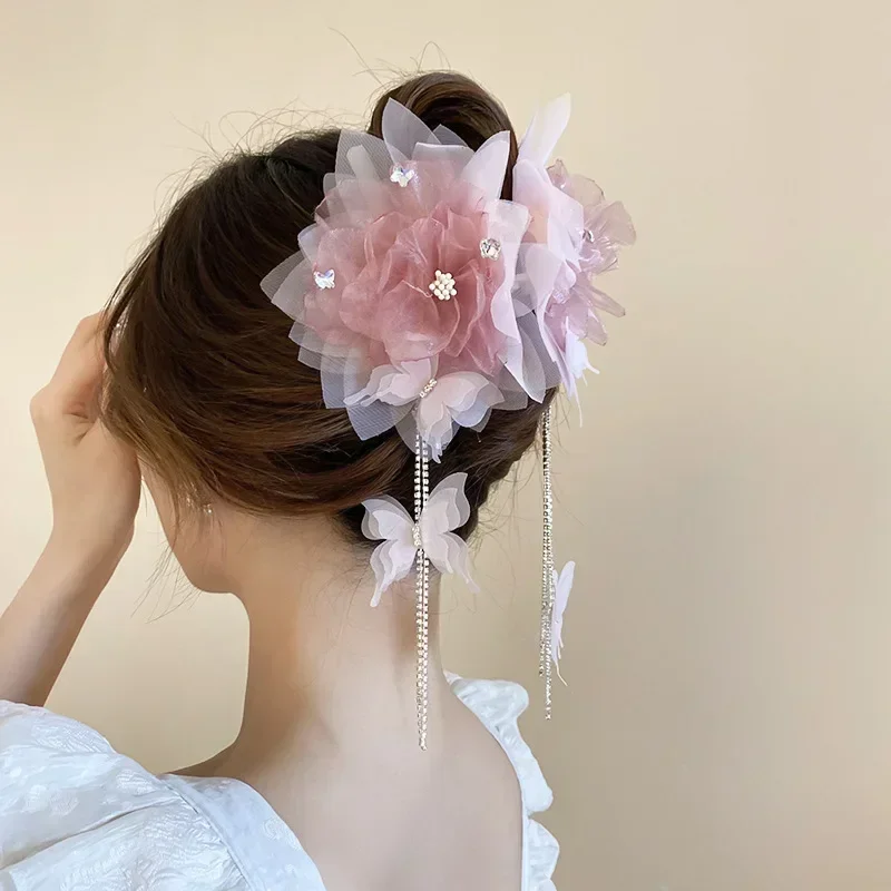 Fleurs de gaze rose strass papillon longue frange requin griffes de cheveux pour les femmes Super fée douce Fairycore accessoires