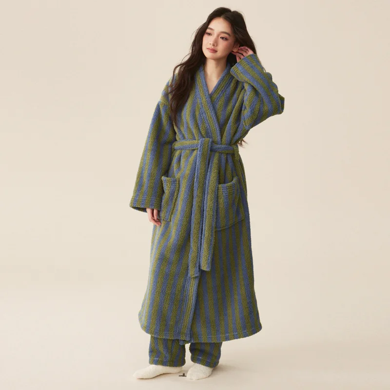 Tykke flanellkåpe bukser pyjamassett høst vinter par korall fløyel kvinner menn badekåpe stripete lengde hjemmeklær: M / Rosa