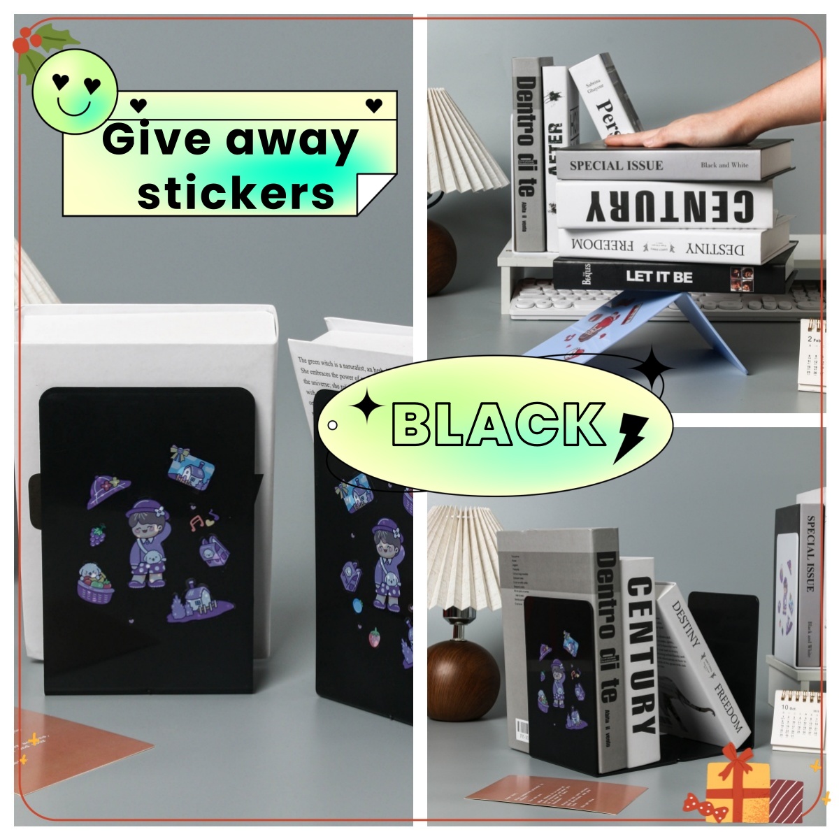 2-delige L-vormige boekenstandaard Bureauboekstandaard voor leren Desktop Boekenstandaard Boekclip Creatieve boekensteun in stijl: Black