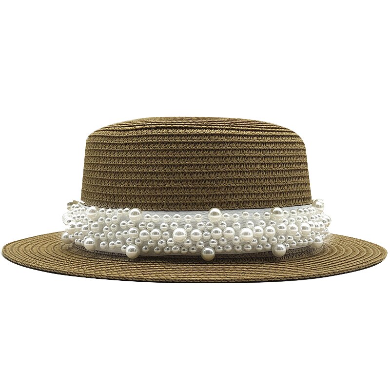 Chapéu de palha feminino chapéu panamá estilo cappelli lado com pérola praia balde boné menina topee 2020 verão chapéu de sol liso para mulher: white