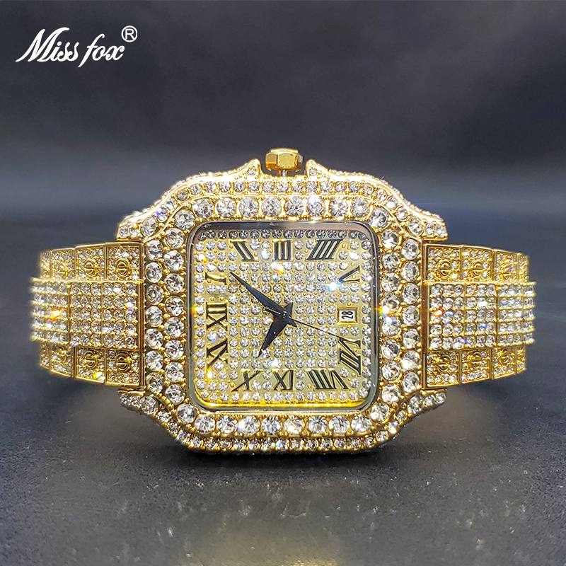 MISSFOX-Grande montre de luxe pour hommes, entièrement en diamant, style hip hop de rue, montres à quartz avec calendrier, directe: Or