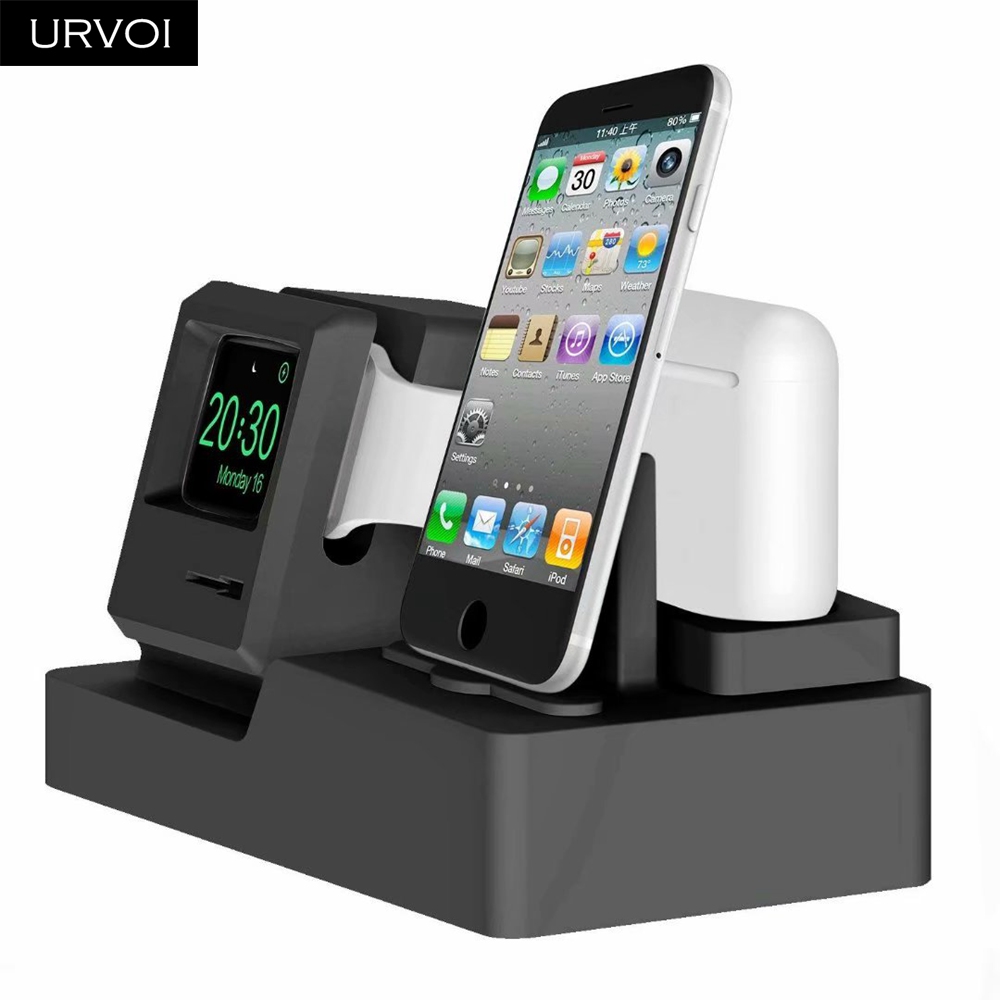 URVOI 3 in 1 Holder for Apple Watch series 5 4 3 2 1 iPhone stand watchOS keeper Airpods PC home charging dock silicone holder