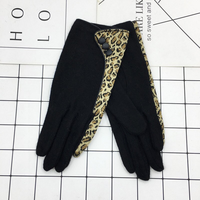 Guantes con botón de leopardo Retro, guantes clásicos de lana para mujer, guantes cálidos y finos para conducir en otoño e invierno D20: black