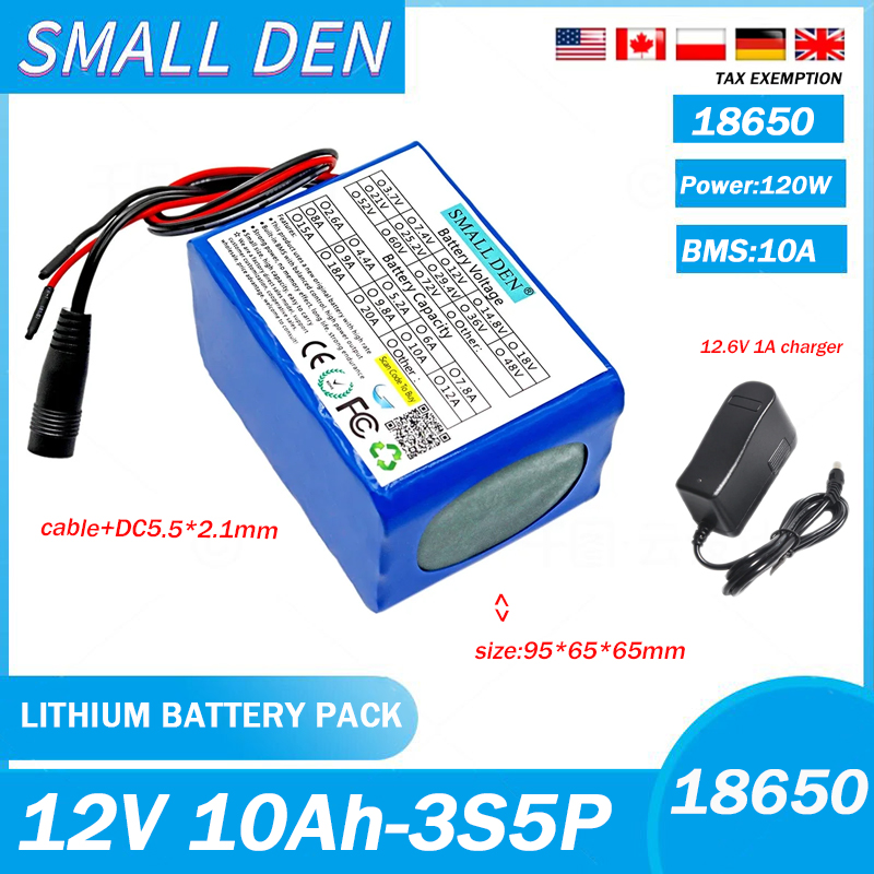 12V 10000mAh 18650 lithium battery pack 3S5P large capacity built-in BMS 10Ah suitable for low-power electronic devices: PURPLE