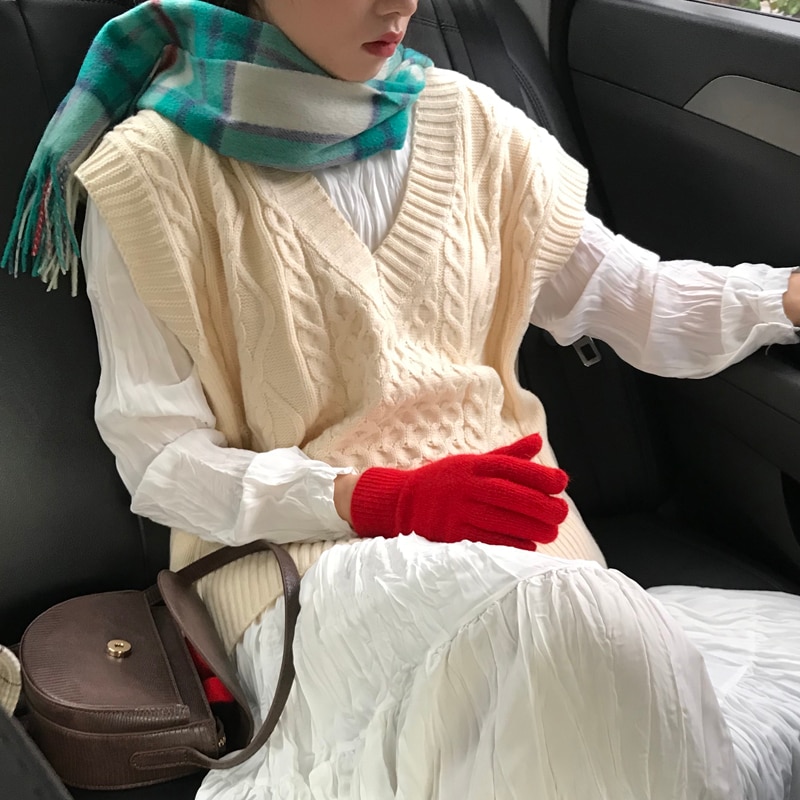 2 farver efterår og vinter strikket vintage v-hals twist vest trøjer dame sweatere og pullovere dame  (c8528)