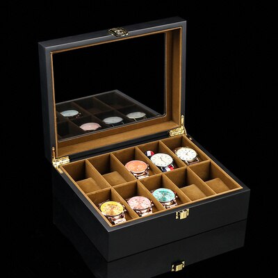 6/10/12 Slots Houten Horloge Box Organizer Zwart Horloge Box Case Met Glazen Venster Heren Horloge Houder horloge Collectie Box: 10 Brown