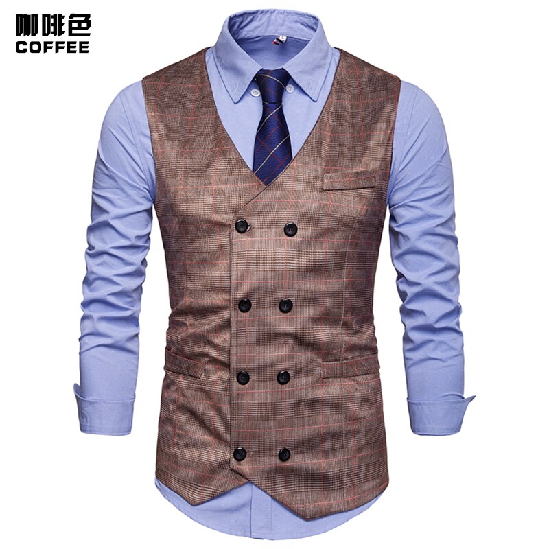 Mænd plaid jakkesæt vest klassisk formel business dobbeltradet slank vest vest social blazer bryllup brudgom vest mænd xxl: Kaffe / Xl
