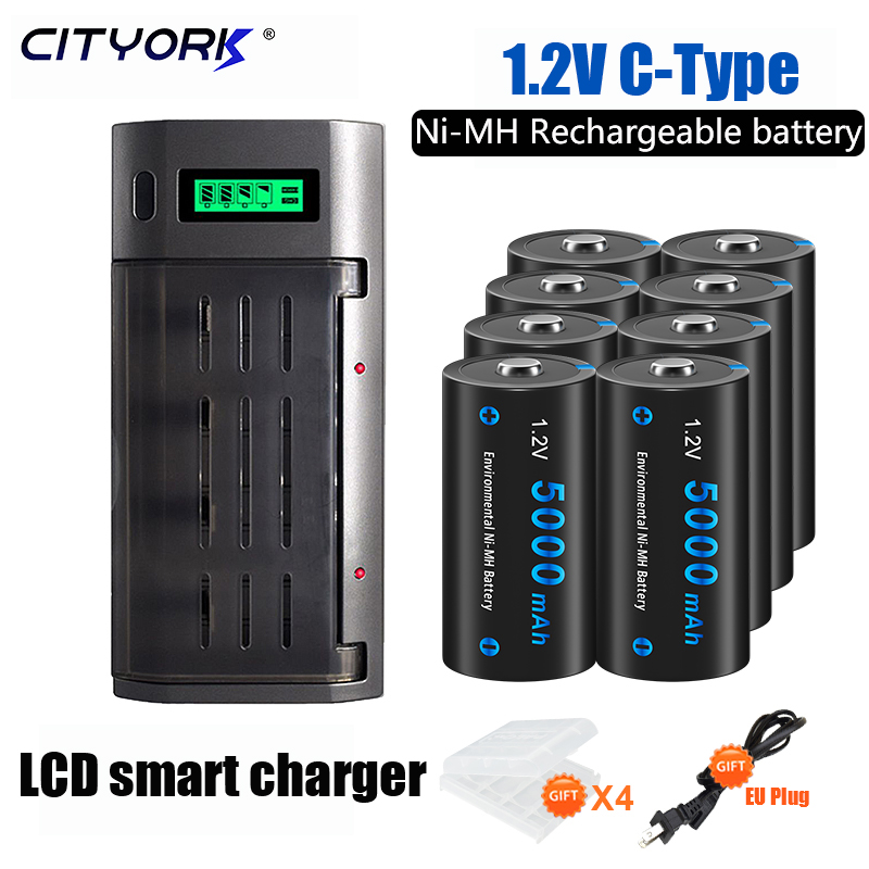 CITYORK Akumulator o rozmiarze 1,2 V C 5000 mAh Akumulator R14 C o dużej pojemności z ładowarką LCD do C D AA AAA 9 V