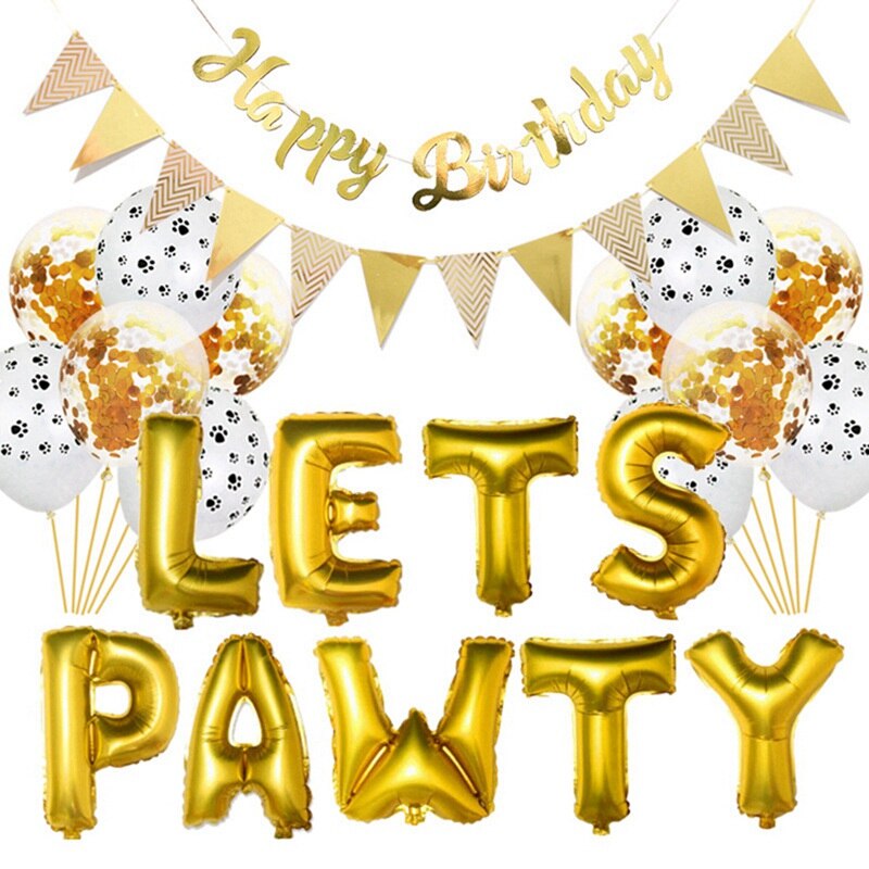 Pet Dog Cat Birthday Party Decoration Set Cute Letter LETS PAWTY Party Balloon Decor Dog Pet Party Banner Pet Birthday Supplies: gold set