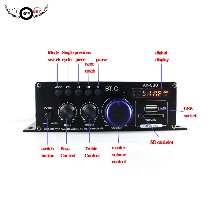 AK380 800W Home Car Amplifiers 2 Channel Bluetooth 5.0 Surround Sound FM USB Remote Control Mini HIFI Digital Amplifier Stereo