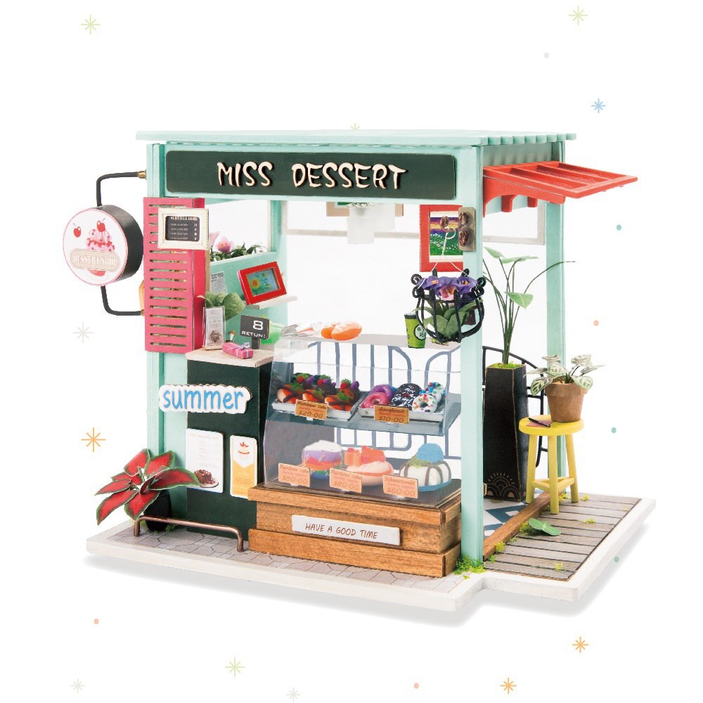 Robotime 15 Kinds DIY House with Furniture Children Adult Miniature Wooden Doll House Model Building Kits Dollhouse Toy: Ice Cream Station