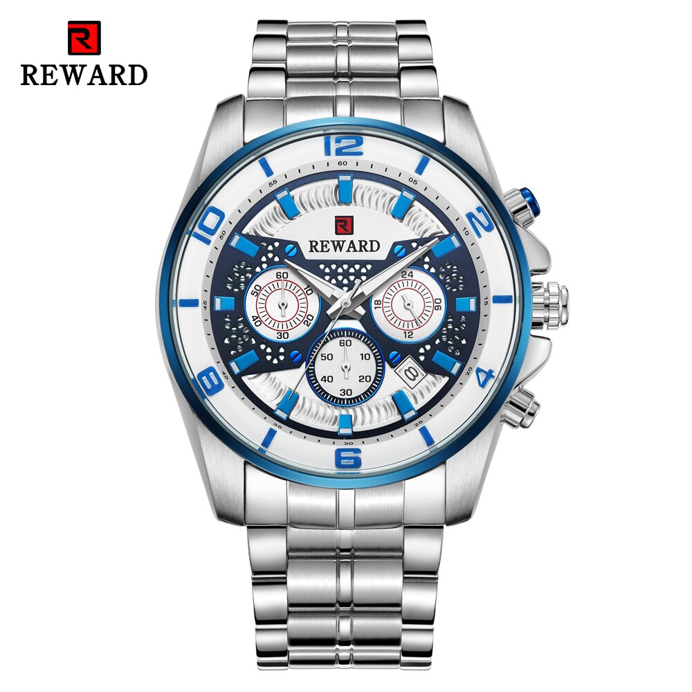 Reward sport chronograaf herenhorloges volledig stalen quartzhorloge grote wijzerplaat waterdicht horloge heren gouden polshorloges relogio masculino: Zilverblauw