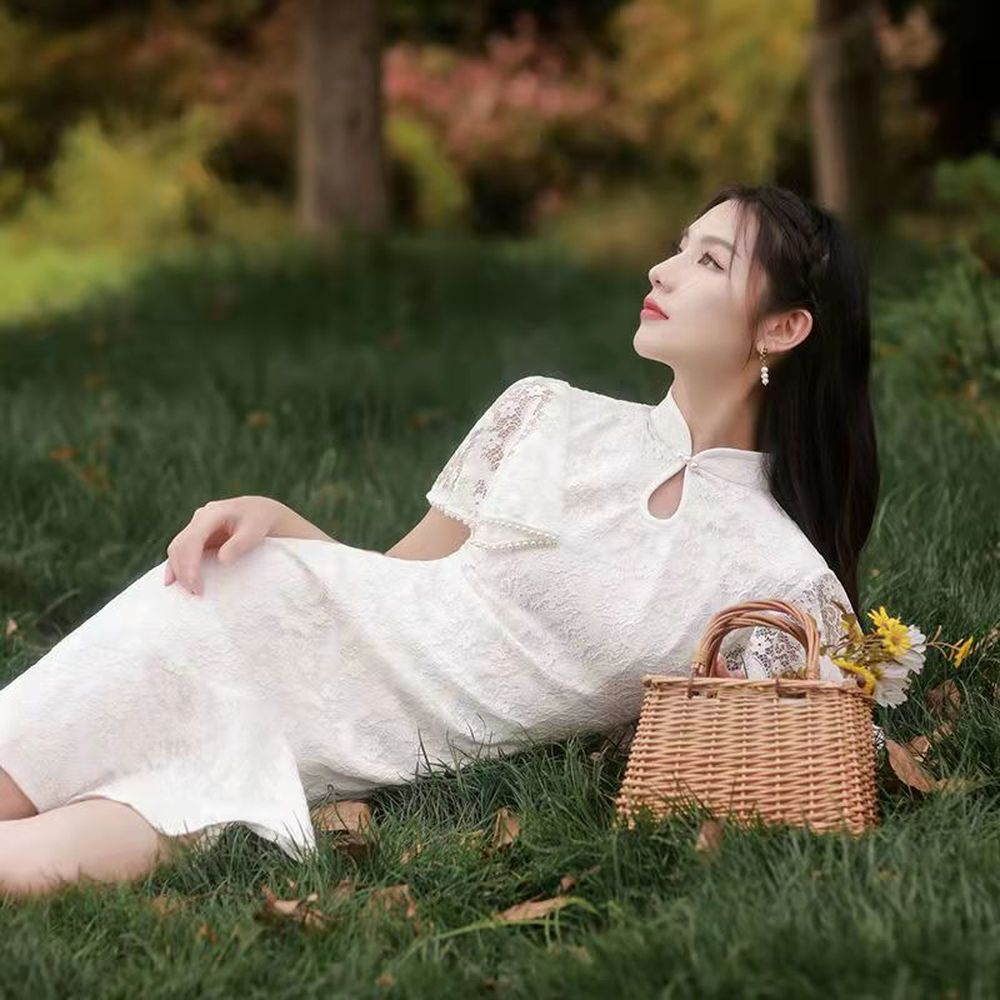 Qipao-vestido blanco de encaje con mangas abullonadas para mujer, ropa tradicional China moderna, Cheongsam Vintage mejorado para , 2022
