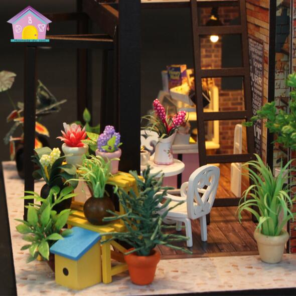 Arkitektonisk træhus med møbler hus legetøj miniature kaffebutik diy miniature landskab