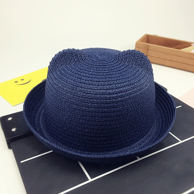 Sombreros de paja a la para chicas y niños, gorros de paja para el sol de bebé, gorro de decoración con orejas de gato flexible y sólido, dg88: Navy Blue