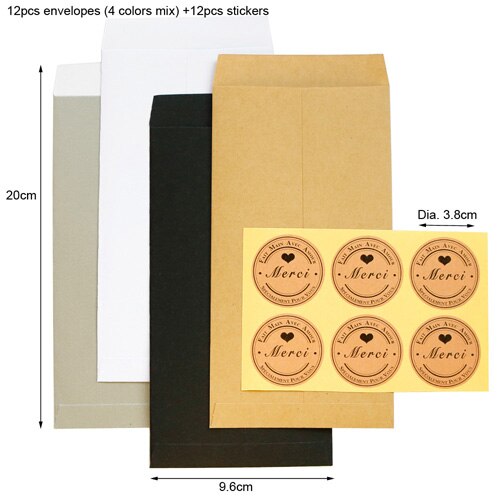 12sets Retro Kraft Paper Envelope Classical Party Invitation Envelope with Thank you Stickers Mix Color DIY Craft Bag: Merci