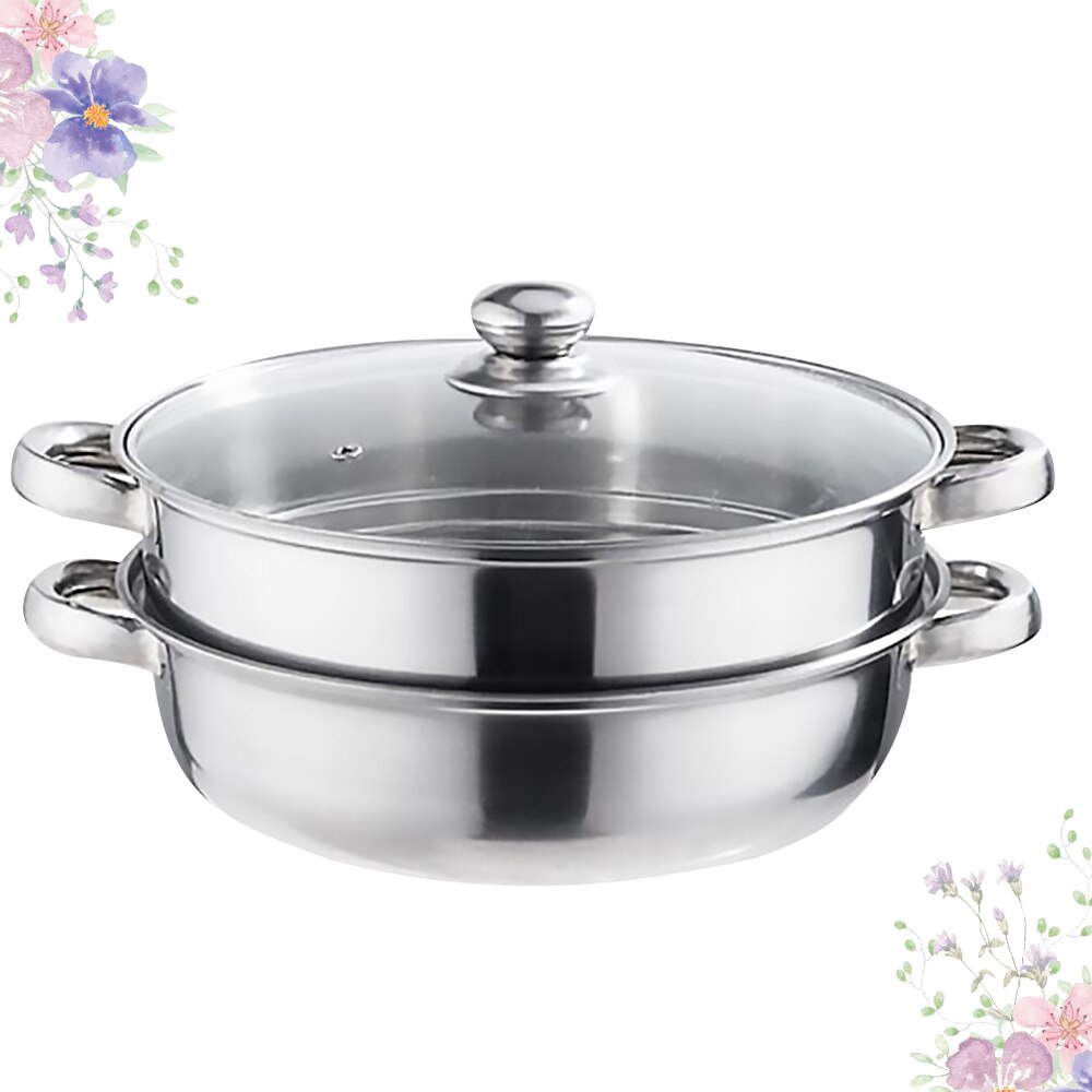 Multifunctional Steam Pot Double Layers Stockpot Stainless Steel Steamer Cooking Boiler Silver (28cm)