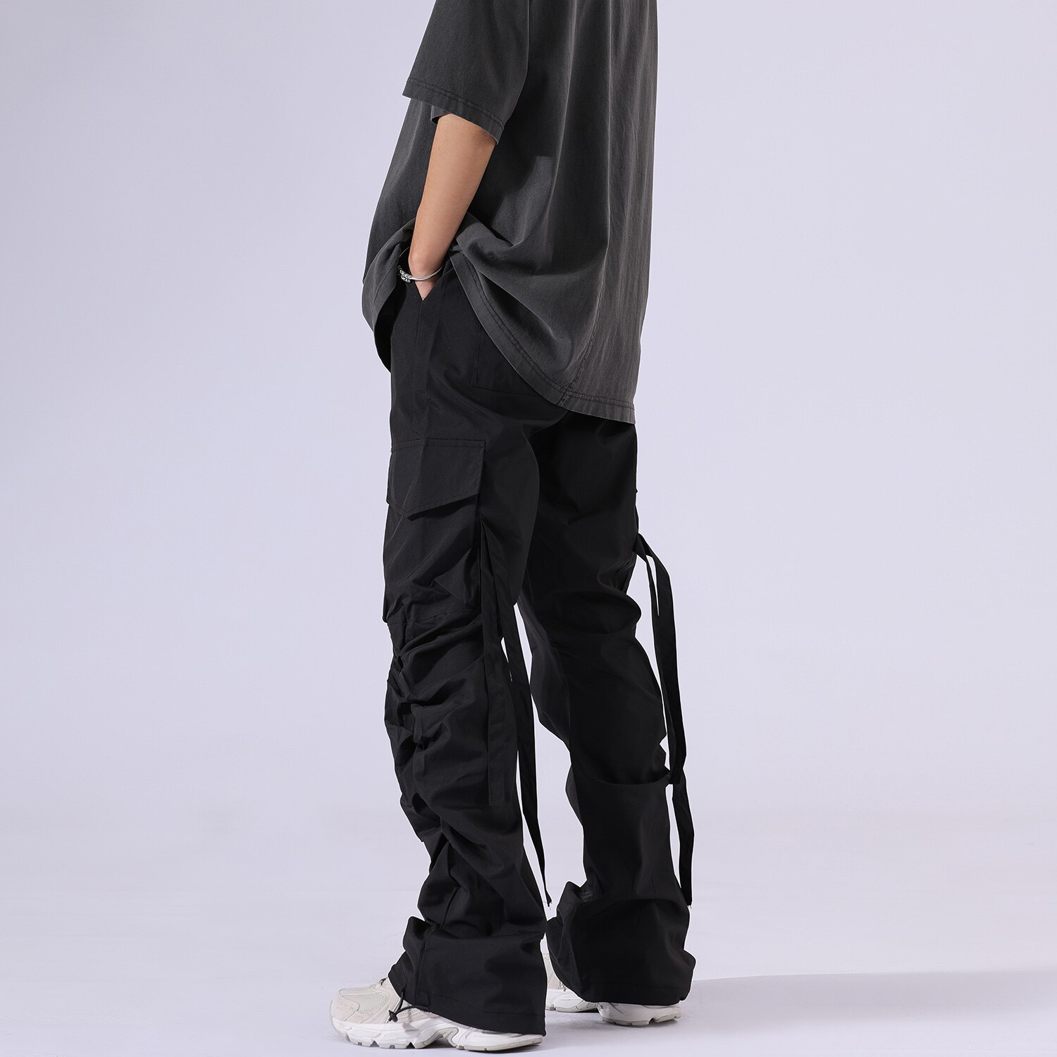 Pantalones acampanados plisados de color caqui para hombre y mujer, peto acampanado de estilo Hip Hop con múltiples bolsillos y cordón, 2022