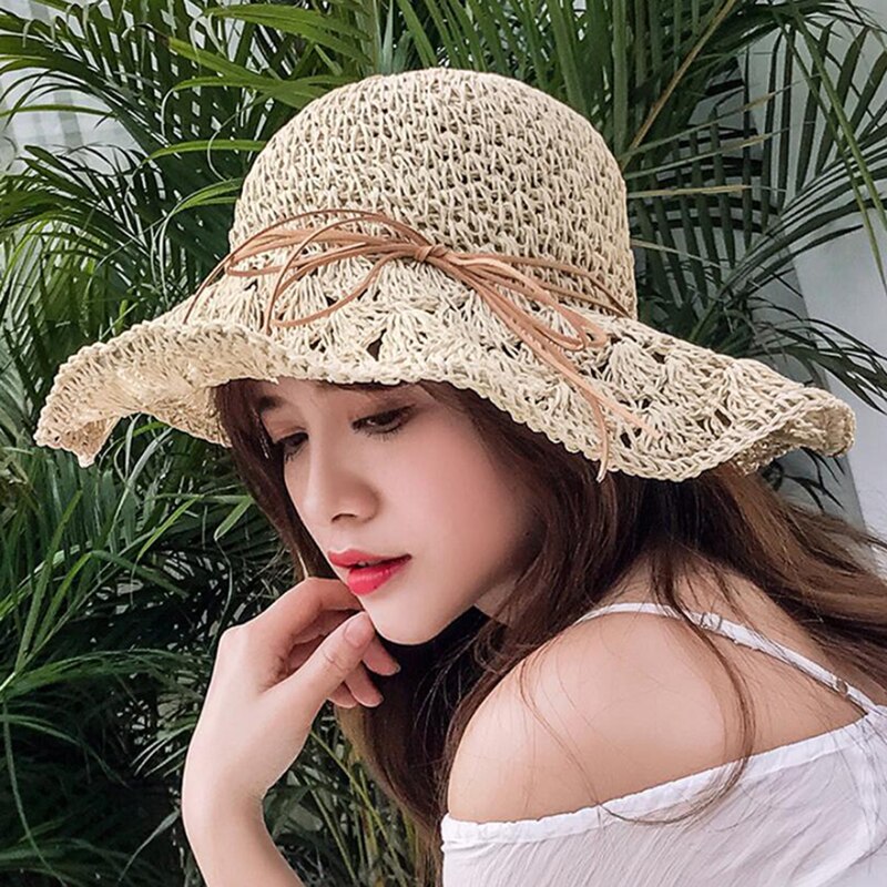 La Europa de los Estados Unidos Simple playa verano gorras casuales de mujer Panamá sombreros de señora de las mujeres de la de ala plana paja gorro para el sol Niña: Beige