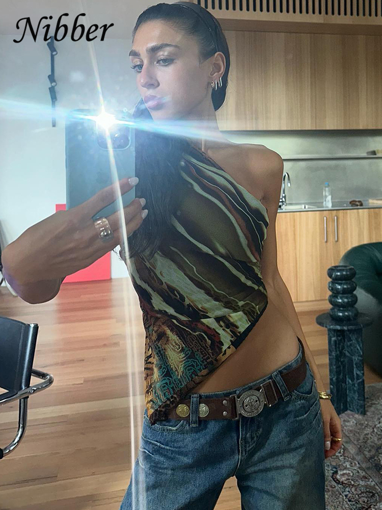 Nibber-camisetas sin mangas con estampado Irregular para mujer, chaleco Hipster moldeador de cuerpo sin mangas con hombros inclinados únicos, ropa de calle femenina