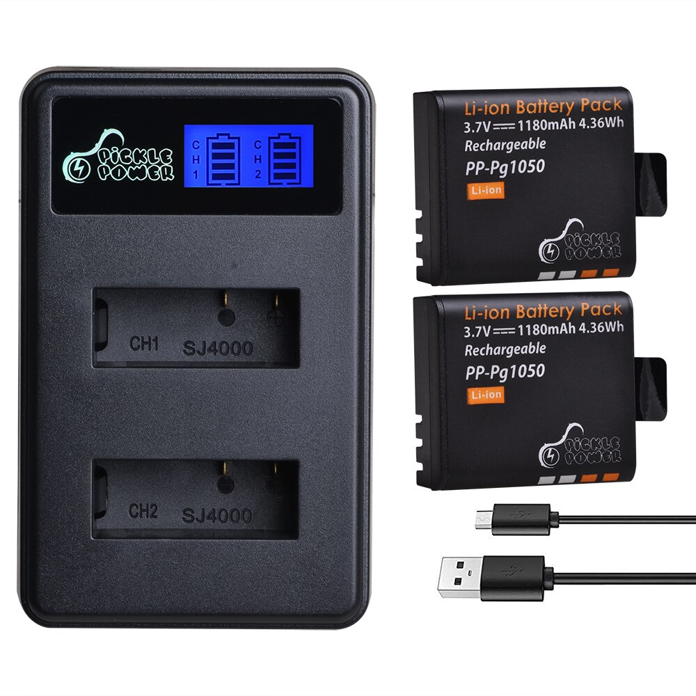 4 Uds 1180mAh PG1050 batería y cargador USB con LCD para SJCAM SJ4000 M10 SJ5000 SJ5000X para EKEN H9 H9R H8R H8 GIT PG900: Charger and 2Battery