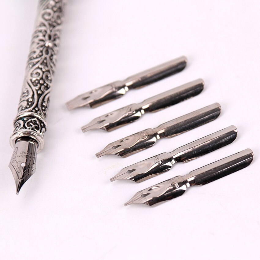 1 Set Feather Dip Fountain Pen Chancery Quill Writing Pens +5pcs Nib Carved Metal For Fancy Font Calligraphy Pen