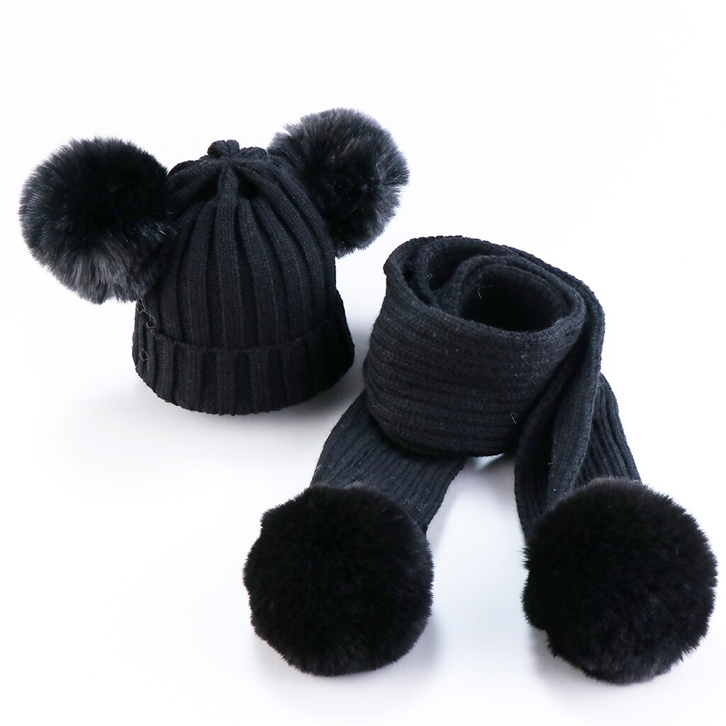 0-3Years Infant Baby Girls Boys Accessories Kids Ribbed Knitted Hats Scarf 2PCs Set Winter Warm Caps Solid Fuzzy Balls Beanies: Black