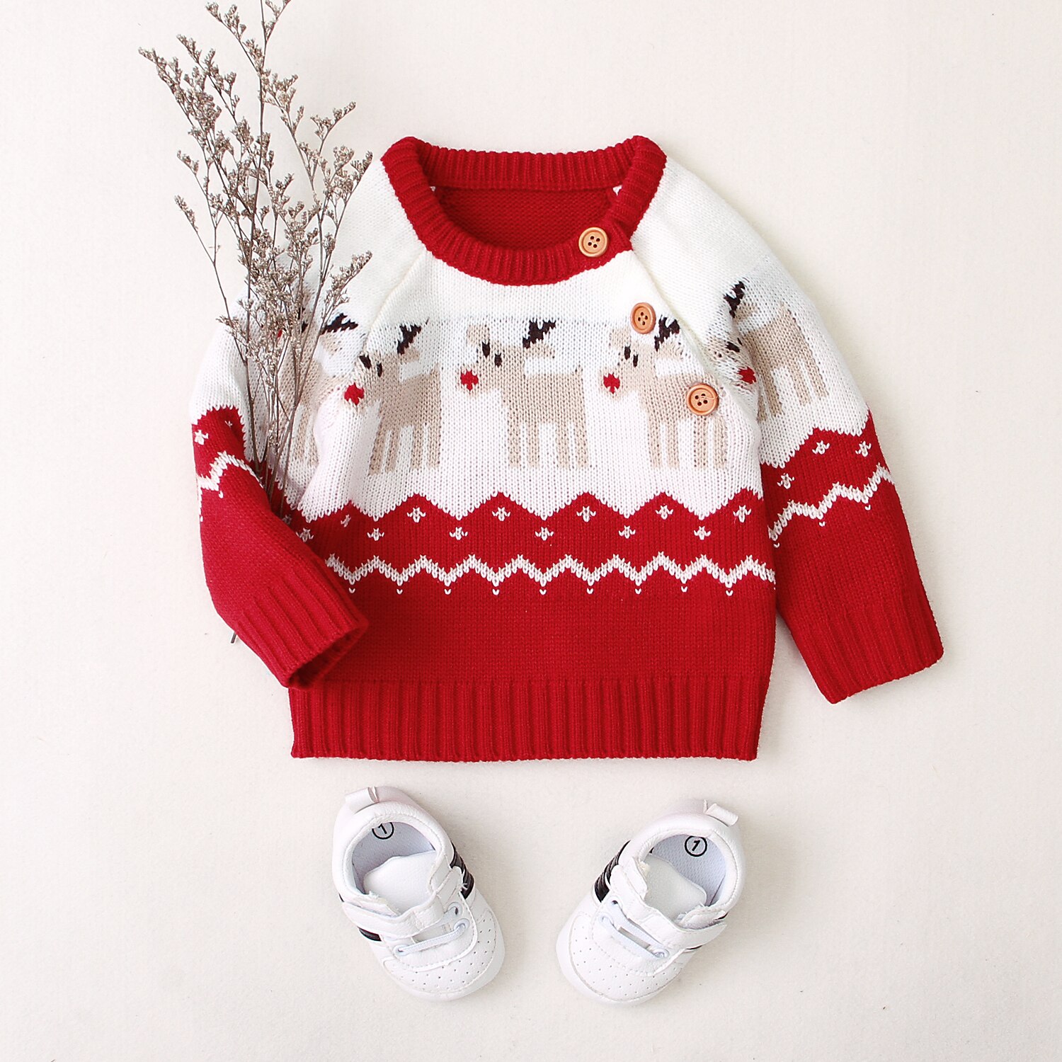 Baby piger drenge børn juletrøje rund hals langærmet løs sweater med elgmønster til forår og vinter: Rød / 12-18m
