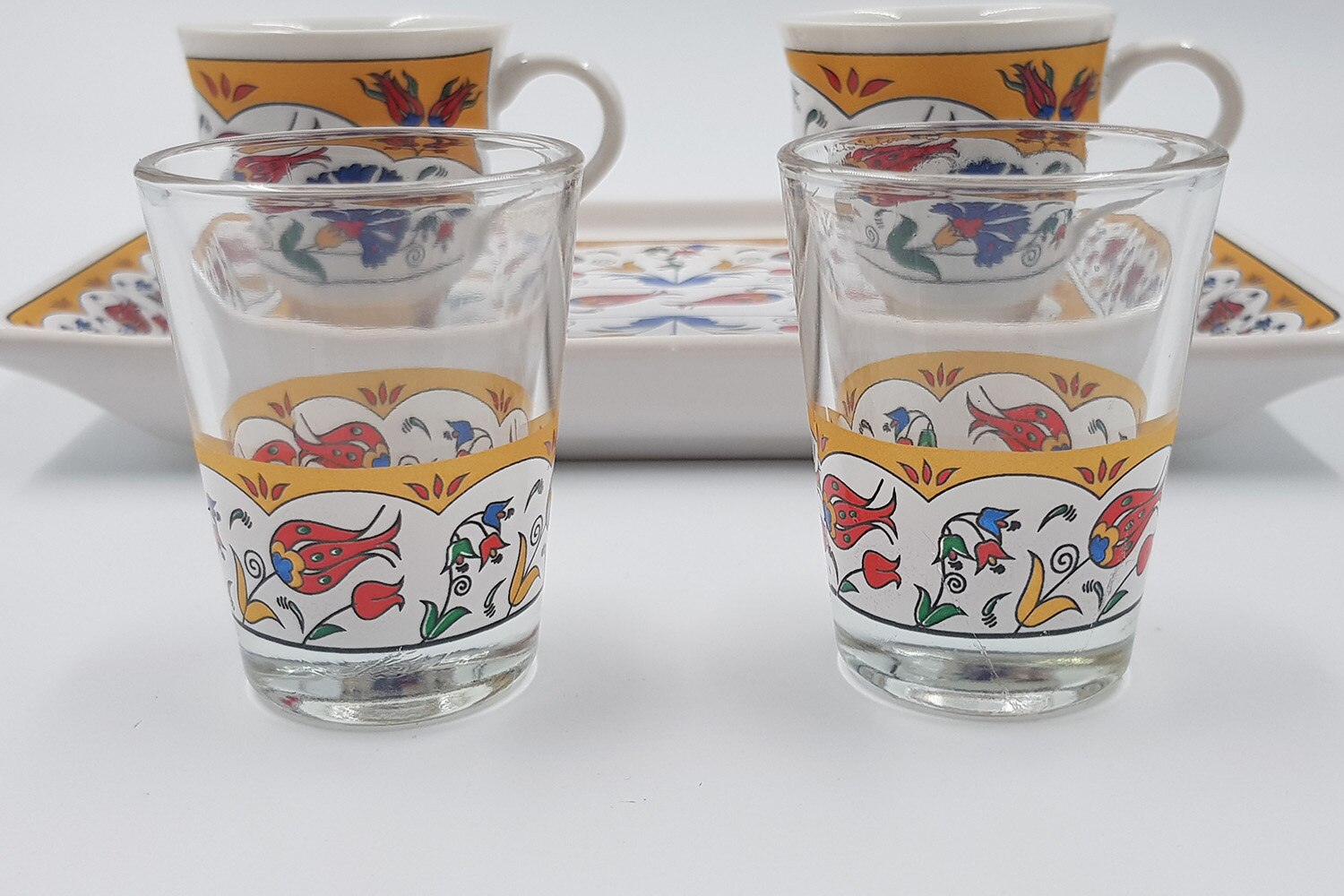 5 Piece Porcelain Flower Pattern Tea Set Tea Tray Turkey Istanbul Traditional Presentation Set 2 cups 2 cups 1 tray