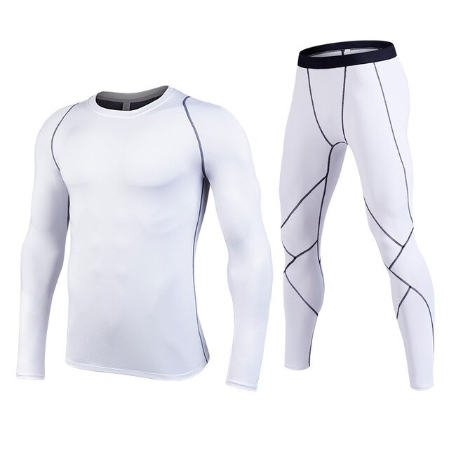 Mannen Lange Mouw T-shirt + Broek 2 PCS Compressie Joggingpakken Fitness Kleding Gym Running Set Workout Sport atletiek Uniform: white / Asian size XXL