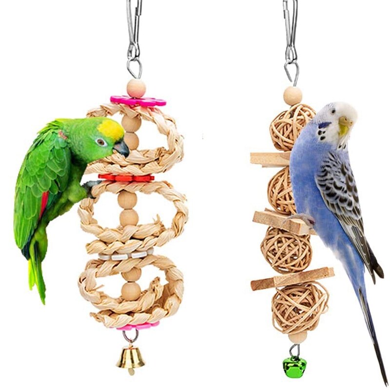Prácticas 8 paquetes pájaro loro columpio juguete colgante, timbre de madera Natural jaula de pájaro Juguetes Para loros, periquitos, cacatúa, periquito